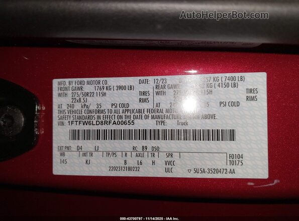1FTFW6LD8RFA00655 2024 FORD F150 Red Engine compartment view