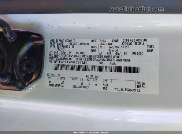 1FTFX1EF4GKE64321 2016 FORD F150 White Widok komory silnika