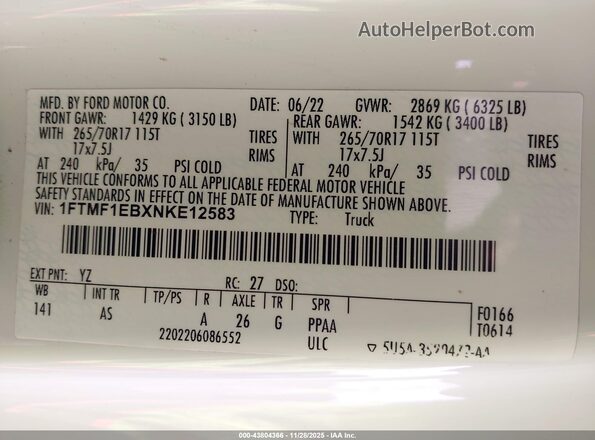 1FTMF1EBXNKE12583 2022 FORD F150 White Вид підкапотного простору