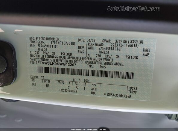 1FTVW3LK9SWG13267 2025 FORD F-150 LIGHTNING White Widok komory silnika