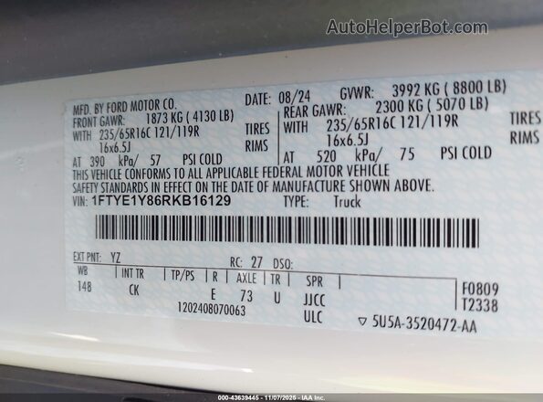 1FTYE1Y86RKB16129 2024 FORD TRANSIT-150 Белый Вид подкапотного пространства