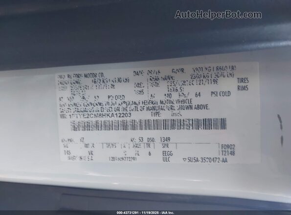 1FTYE2CM8HKA12203 2017 FORD TRANSIT-150 Белый 