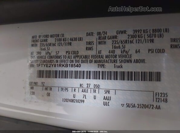 1FTYE2Y81RKB18540 2024 FORD TRANSIT-150 White Вид підкапотного простору