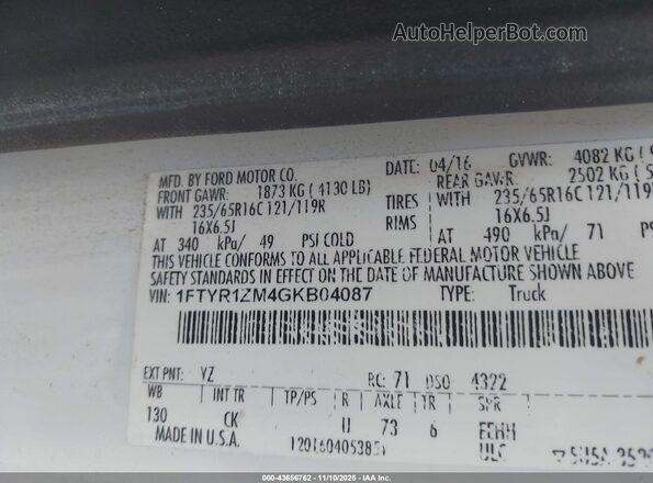1FTYR1ZM4GKB04087 2016 FORD TRANSIT-250 White Widok komory silnika