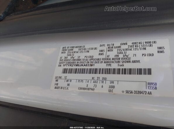 1FTYR2YM8JKA83341 2018 FORD TRANSIT-250 Белый Вид подкапотного пространства