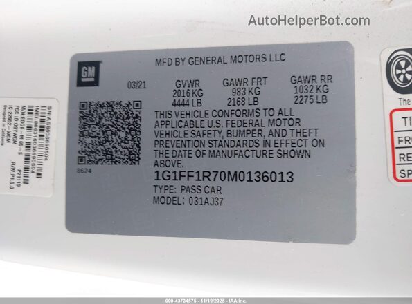 1G1FF1R70M0136013 2021 CHEVROLET CAMARO Белый Вид подкапотного пространства