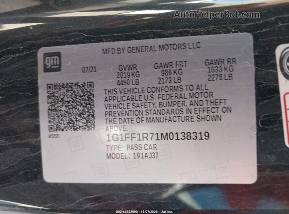 1G1FF1R71M0138319 2021 CHEVROLET CAMARO Black Widok komory silnika