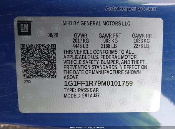 1G1FF1R79M0101759 2021 CHEVROLET CAMARO Синий Вид подкапотного пространства