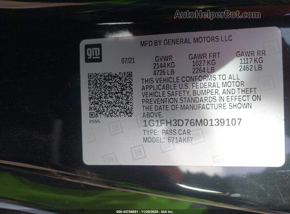 1G1FH3D76M0139107 2021 CHEVROLET CAMARO Black Widok komory silnika