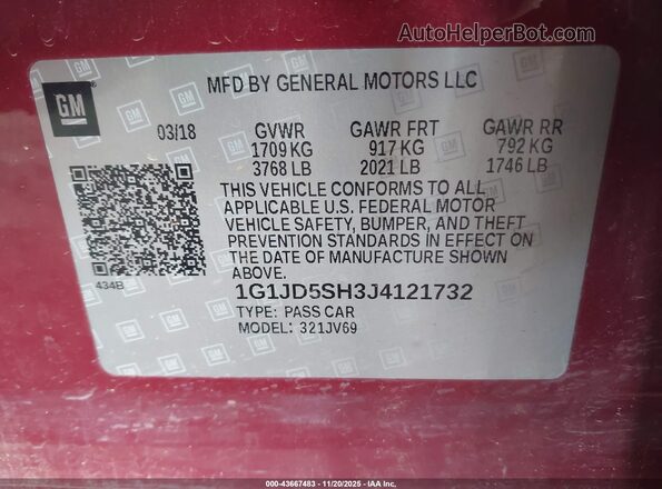 1G1JD5SH3J4121732 2018 CHEVROLET SONIC Red 