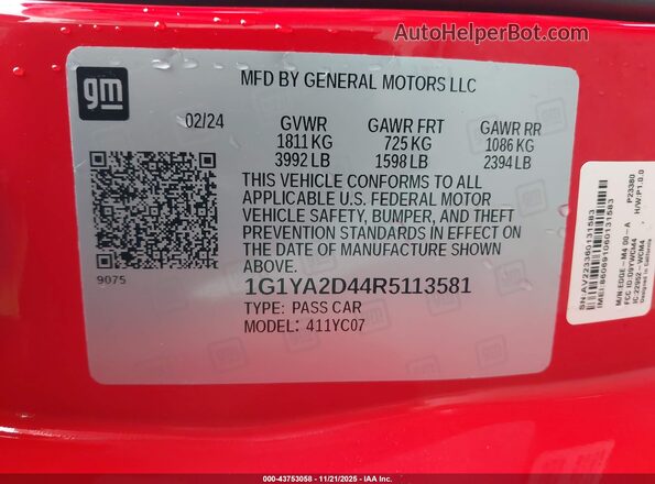 1G1YA2D44R5113581 2024 CHEVROLET CORVETTE Красный Вид подкапотного пространства