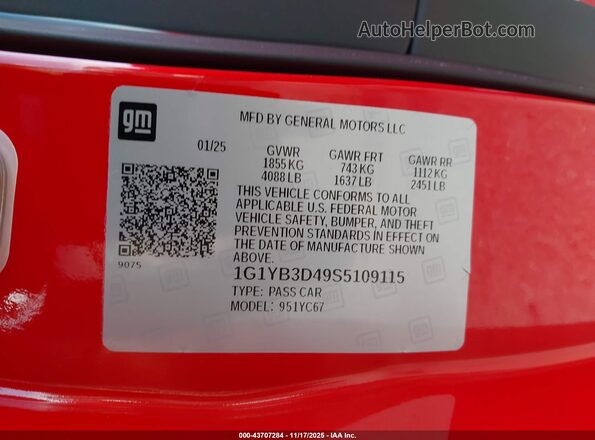 1G1YB3D49S5109115 2025 CHEVROLET CORVETTE Red 