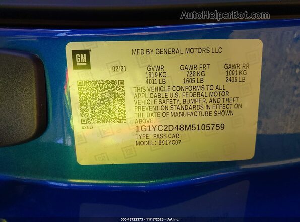 1G1YC2D48M5105759 2021 CHEVROLET CORVETTE Blue ძრავის განყოფილების ხედი