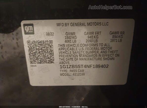 1G1ZB5ST4NF189402 2022 CHEVROLET MALIBU Blue Շարժիչի բաժամունքի տեսք