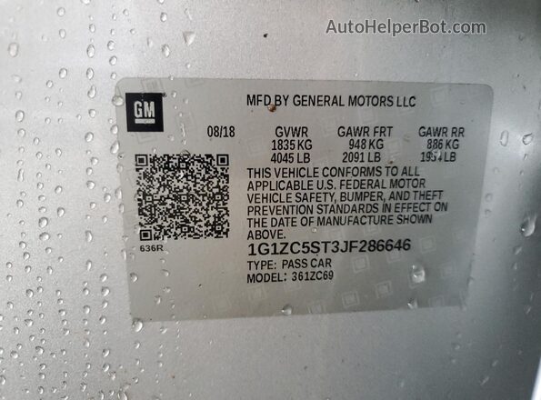 1G1ZC5ST3JF286646 2018 CHEVROLET MALIBU Silver Vista de la etiqueta del VIN