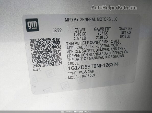 1G1ZD5ST0NF126324 2022 CHEVROLET MALIBU Серый Вид подкапотного пространства