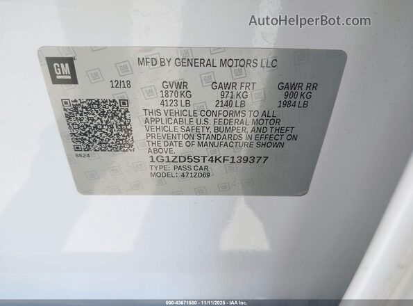 1G1ZD5ST4KF139377 2019 CHEVROLET MALIBU White 