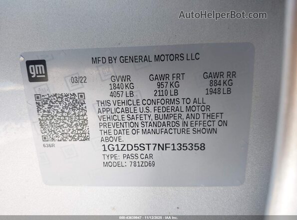1G1ZD5ST7NF135358 2022 CHEVROLET MALIBU Silver Вид підкапотного простору
