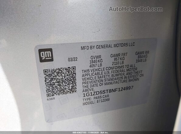 1G1ZD5ST8NF124997 2022 CHEVROLET MALIBU Silver Вид підкапотного простору