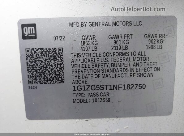 1G1ZG5ST1NF182750 2022 CHEVROLET MALIBU White Engine compartment view