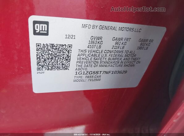 1G1ZG5ST7NF103629 2022 CHEVROLET MALIBU Red ძრავის განყოფილების ხედი