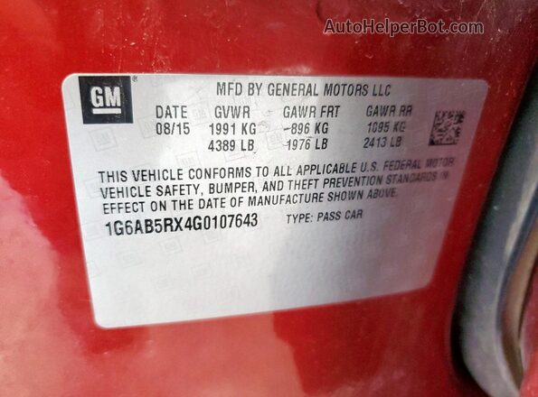 1G6AB5RX4G0107643 2016 CADILLAC ATS Red ძრავის განყოფილების ხედი