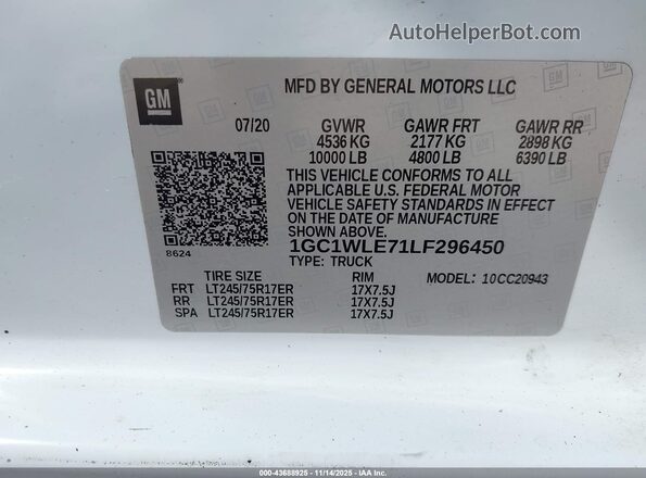 1GC1WLE71LF296450 2020 CHEVROLET SILVERADO Silver Вид підкапотного простору
