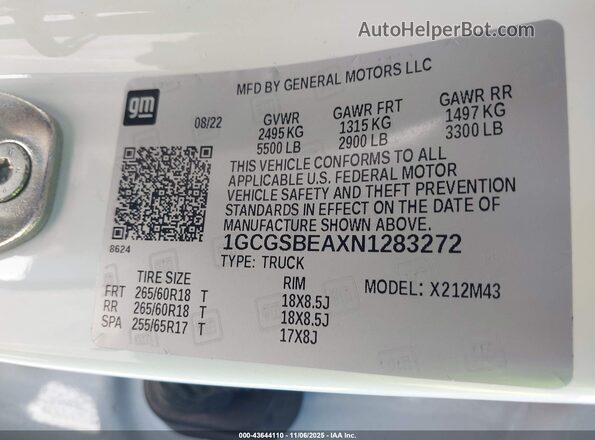 1GCGSBEAXN1283272 2022 CHEVROLET COLORADO White ძრავის განყოფილების ხედი