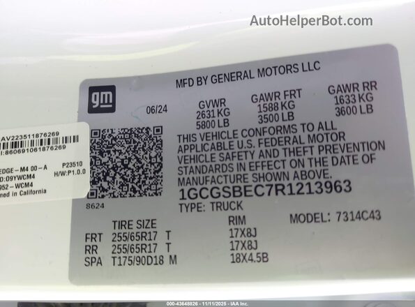 1GCGSBEC7R1213963 2024 CHEVROLET COLORADO Белый Вид подкапотного пространства