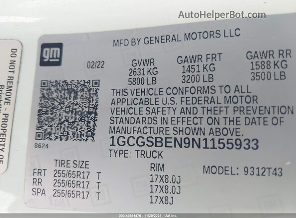 1GCGSBEN9N1155933 2022 CHEVROLET COLORADO White Widok komory silnika