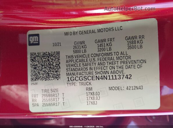 1GCGSCEN4N1113742 2022 CHEVROLET COLORADO Red Вид підкапотного простору