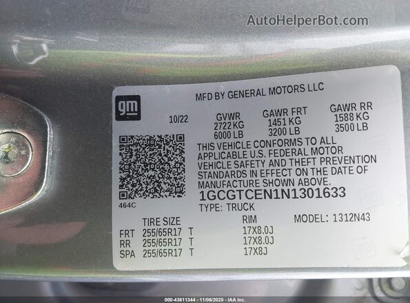 1GCGTCEN1N1301633 2022 CHEVROLET COLORADO Серый Вид подкапотного пространства