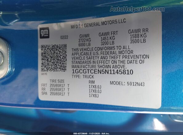 1GCGTCEN5N1145810 2022 CHEVROLET COLORADO Blue ძრავის განყოფილების ხედი