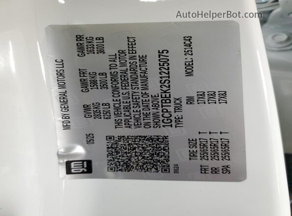 1GCPTBEK2S1225075 2025 CHEVROLET COLORADO White Widok naklejki z numerem VIN