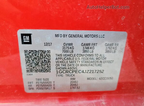 1GCRCPEC4JZ217252 2018 CHEVROLET SILVERADO Red Vista de la etiqueta del VIN