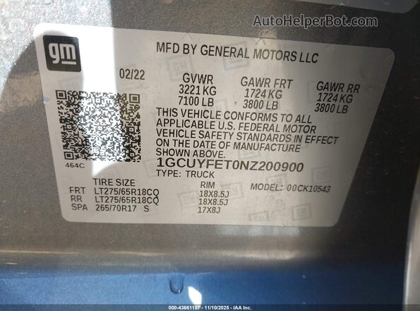 1GCUYFET0NZ200900 2022 CHEVROLET SILVERADO Серебряный Вид подкапотного пространства