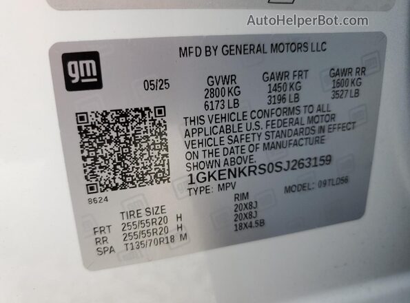1GKENKRS0SJ263159 2025 GMC ACADIA White Widok naklejki z numerem VIN