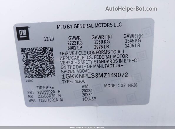 1GKKNPLS3MZ149072 2021 GMC ACADIA Белый Вид подкапотного пространства