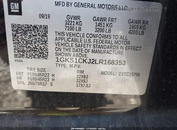 1GKS1CKJ2LR168353 2020 GMC YUKON Black Вид підкапотного простору