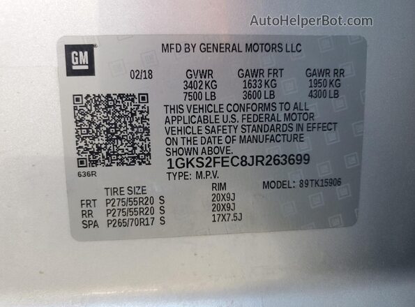1GKS2FEC8JR263699 2018 GMC YUKON Silver სალონის 360-გრადუსიანი ხედი