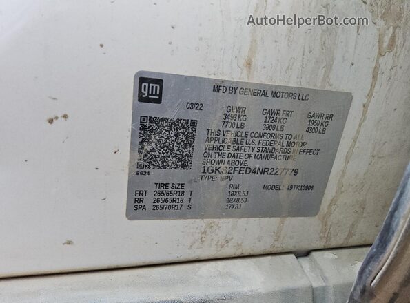 1GKS2FED4NR227779 2022 GMC YUKON Белый Вид наклейки с VIN-кодом
