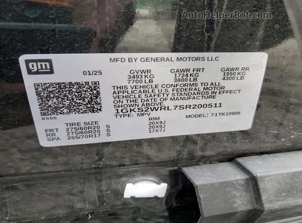 1GKS2WRL7SR200511 2025 GMC YUKON Черный Вид наклейки с VIN-кодом