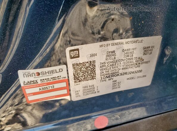 1GNERGKS2RJ243200 2024 CHEVROLET TRAVERSE Синий Вид наклейки с VIN-кодом