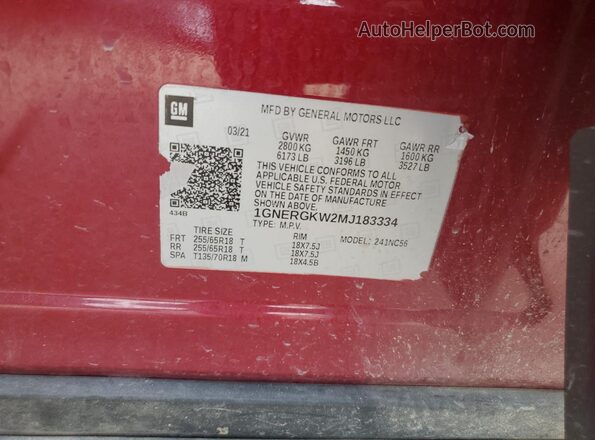 1GNERGKW2MJ183334 2021 CHEVROLET TRAVERSE Красный Вид наклейки с VIN-кодом