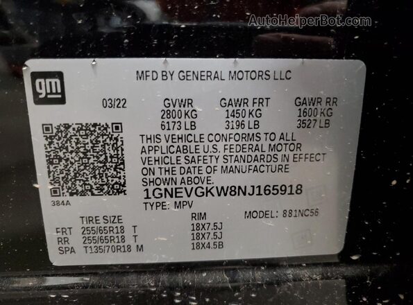 1GNEVGKW8NJ165918 2022 CHEVROLET TRAVERSE Black Vista de la etiqueta del VIN