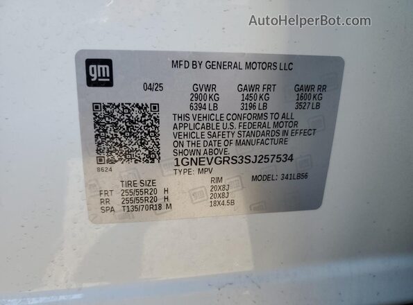 1GNEVGRS3SJ257534 2025 CHEVROLET TRAVERSE White Вид наклейки з VIN-кодом