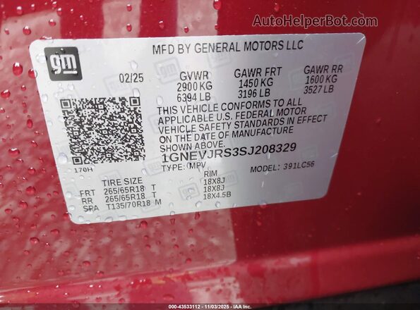 1GNEVJRS3SJ208329 2025 CHEVROLET TRAVERSE Red Engine compartment view