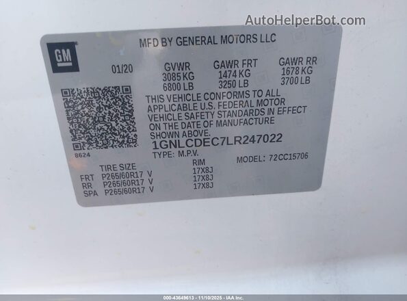1GNLCDEC7LR247022 2020 CHEVROLET TAHOE Белый Вид подкапотного пространства