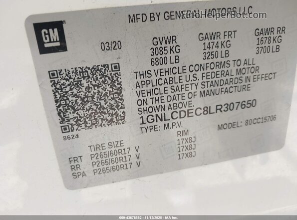 1GNLCDEC8LR307650 2020 CHEVROLET TAHOE White Widok komory silnika