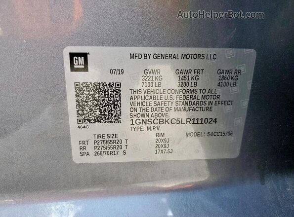 1GNSCBKC5LR111024 2020 CHEVROLET TAHOE Gray VIN կոդի պիտակի տեսք